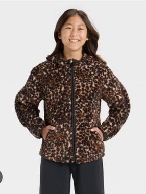 New Girls Leopard-Print Faux-Sherpa Zip Hoodie XS 4/5